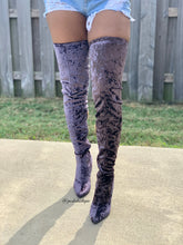 Load image into Gallery viewer, Velvet Dark Purple Thigh High boots